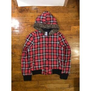 Roxy Womens Large Plaid Bomber Jacket Red Faux Fur Hood Y2K Snap Front